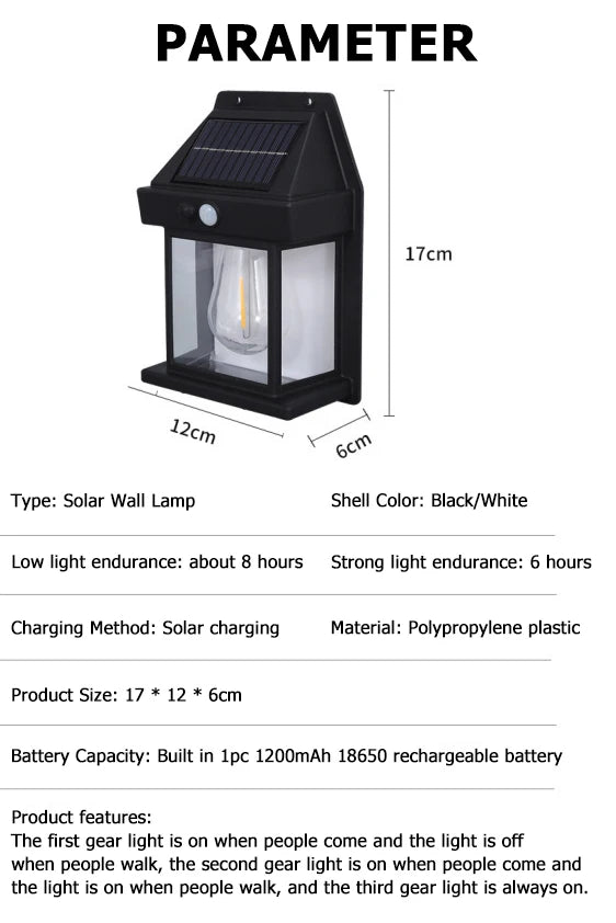 "Cottage-Style Solar Wall Lamp – IP65 Waterproof, Motion Sensor, 3 Modes"